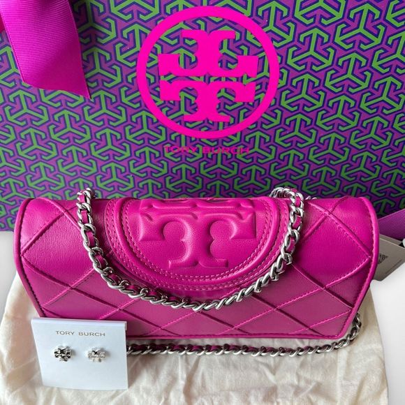 AUTH. NWT Tory Burch Pink Fleming Soft Crossbody Bag & Silver Kira Studs $576 - Picture 11 of 17